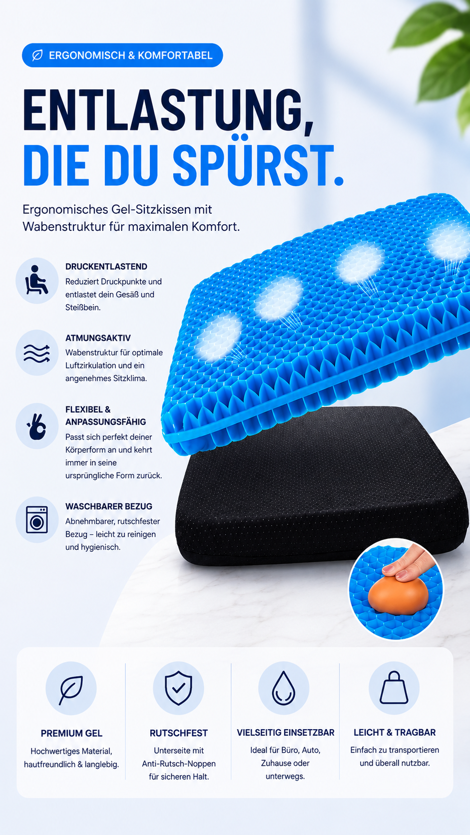 FlexRest ergonomisches Sitzkissen aus Memory Foam für Büro und Homeoffice