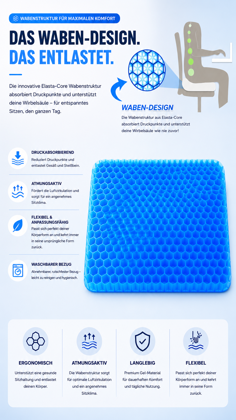 FlexRest ergonomisches Sitzkissen aus Memory Foam für Büro und Homeoffice