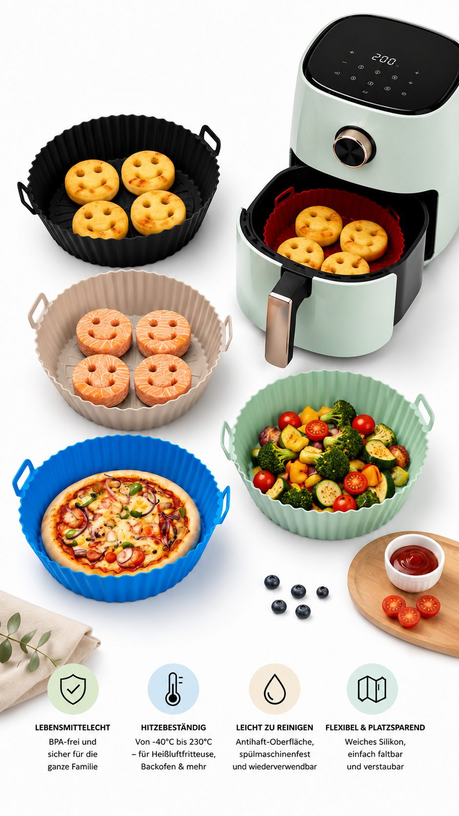 CrispClean Airfryer Einlagen aus Silikon für Heißluftfritteusen