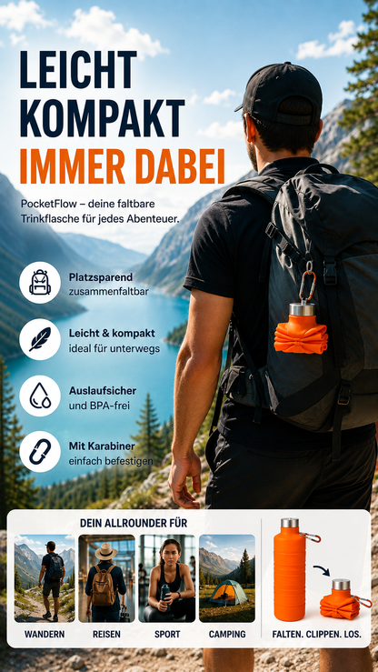 PocketFlow faltbare Trinkflasche aus Silikon für unterwegs und Reisen