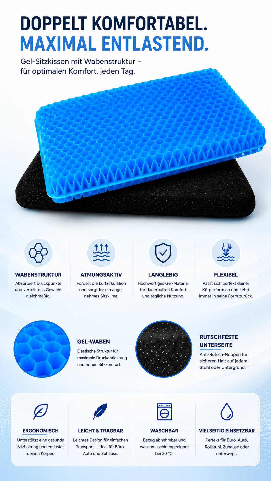 FlexRest ergonomisches Sitzkissen aus Memory Foam für Büro und Homeoffice