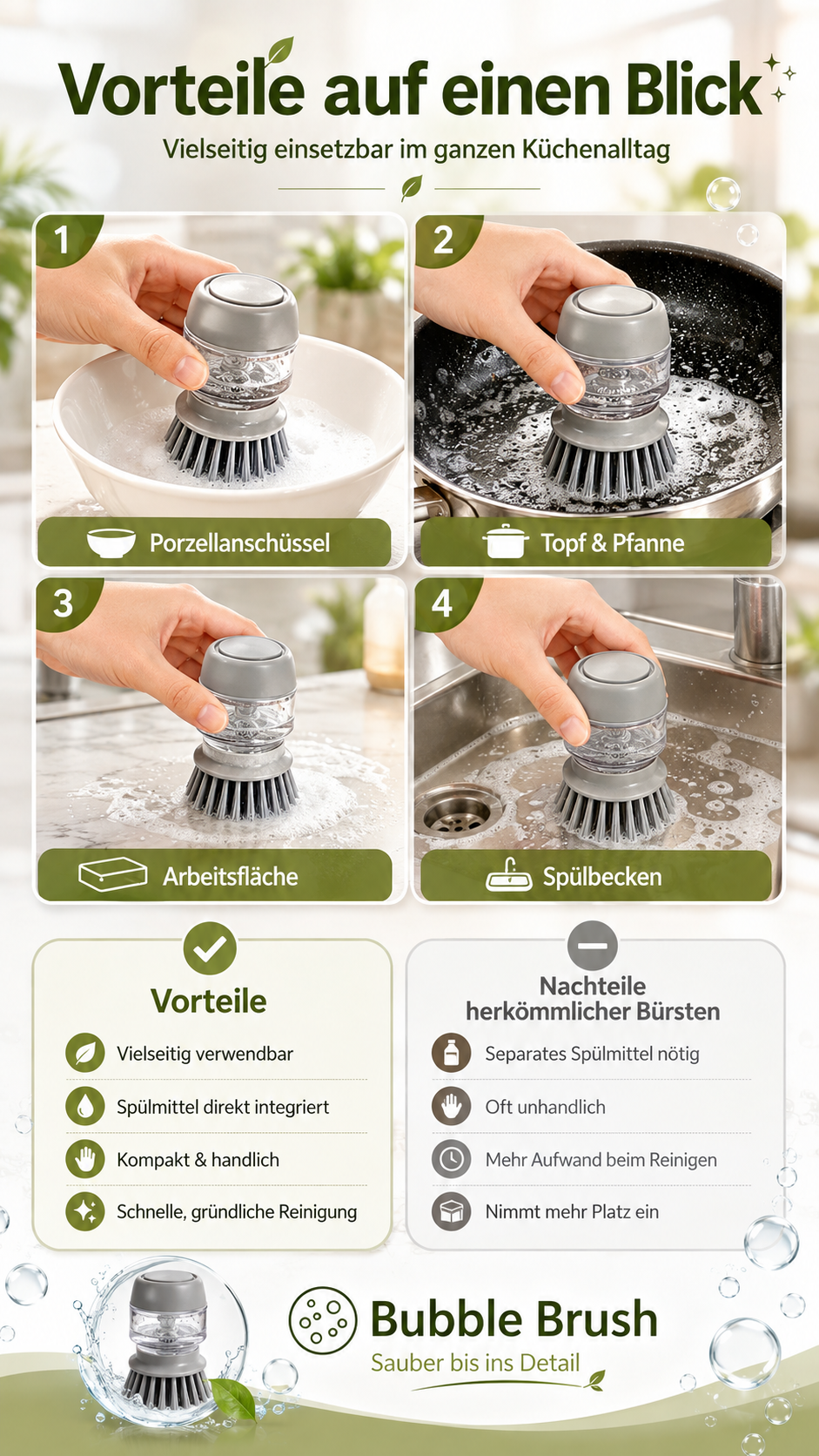 BubbleBrush Spülbürste mit Seifenspender für Küche Geschirr und Reinigung